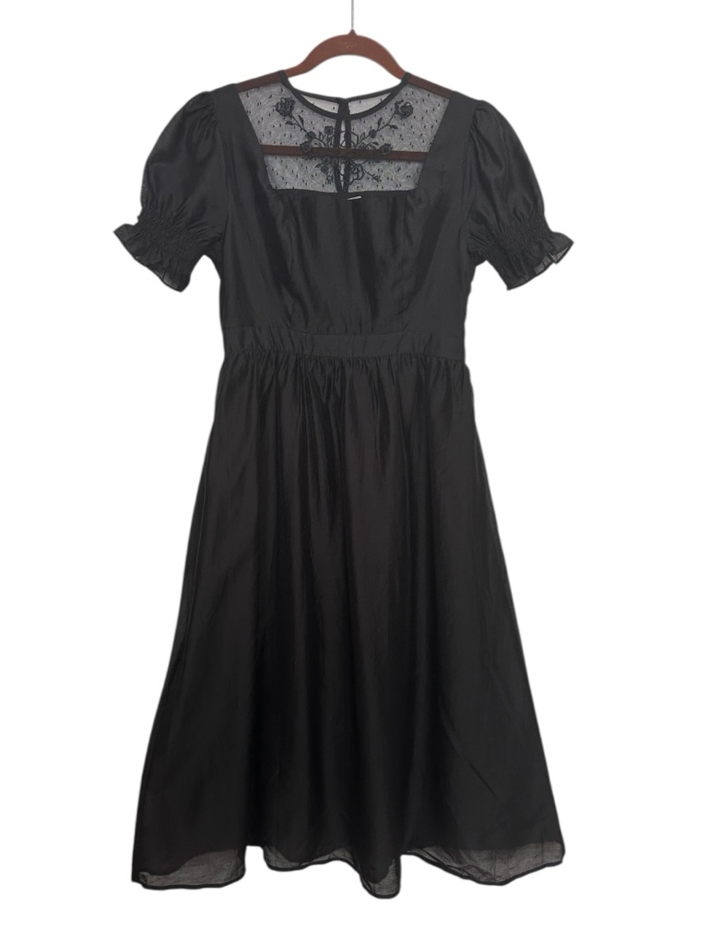 SIMPLE RETRO Black Lace Yoke Midi Dress‎ Cottagecore Coquette Puff Sleeve NWT